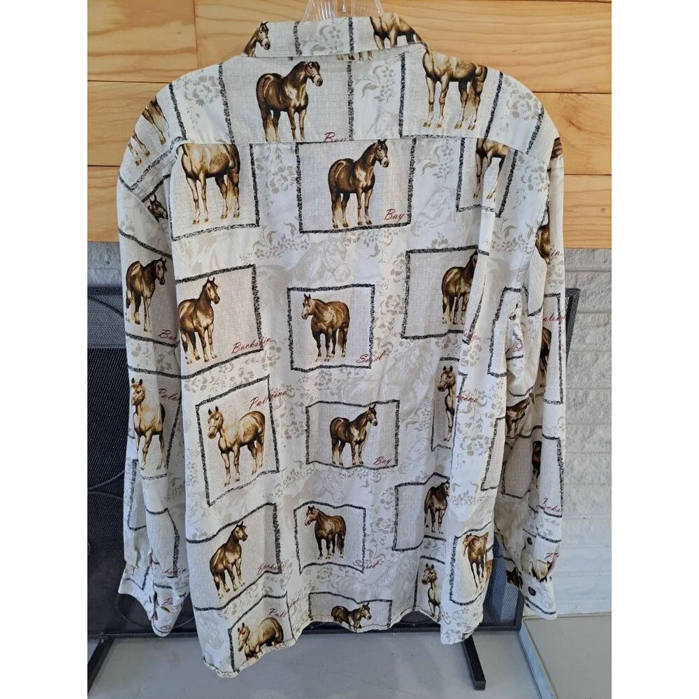 Bit & Bridle XL Western Horse Button-Down Shirt Equestrian Blouse Tan Women's - Picture 7 of 10